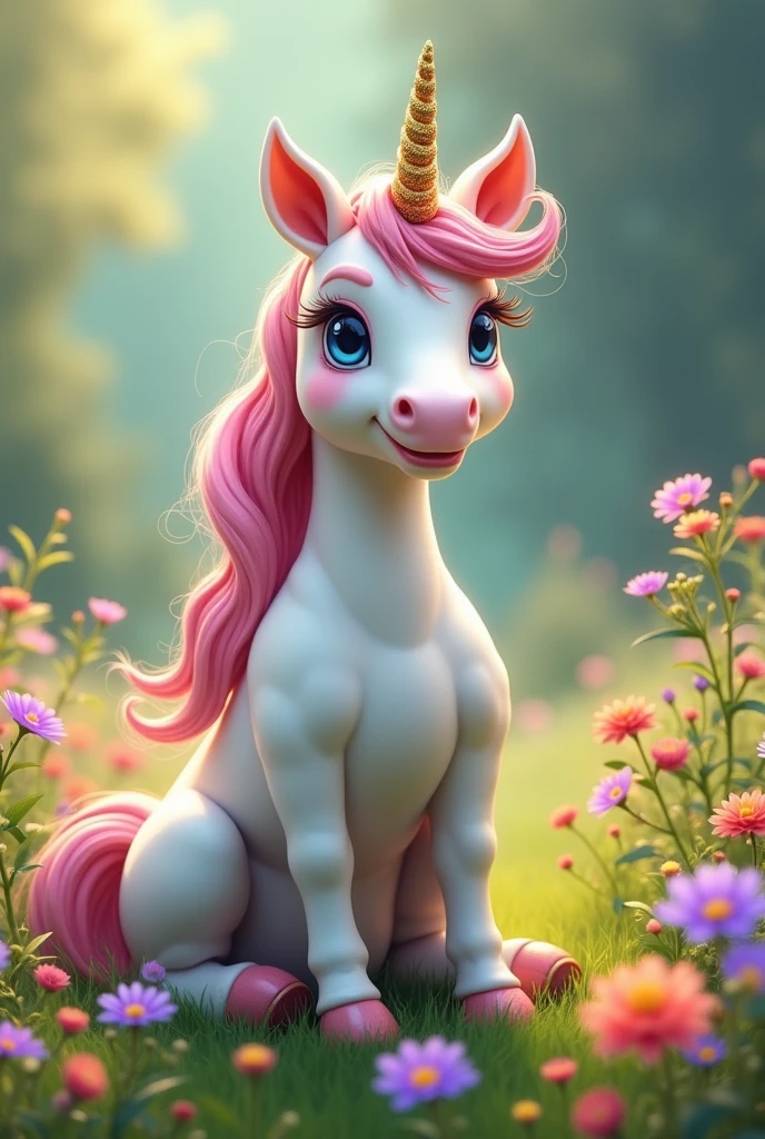 A cute and realistic spoiled unicorn with detailed background with colorful flowers on the side