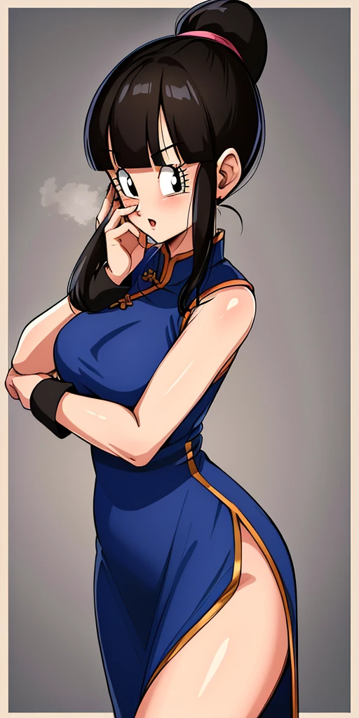 (extremely detailed CG unity 4k wallpaper),(masterpiece),(best quality),(ultra-detailed),(best illustration),(best shadow),(absurdres),(detailed background), Chi Chi (dragon ball), 1girl, solo, black hair, chinese clothes, hands on own face, bangs, blunt bangs, (ponytail), black eyes, china dress, sleeveless, dress, ponytail, hands on own cheeks, wristband, sleeveless dress, upper body, blue dress, :o, long hair, eyelashes