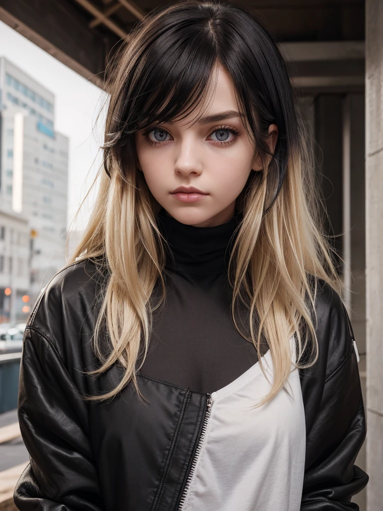 (best quality), 1girl, female, pale skin, (black hair), blonde ombre, medium hair, messy hair, messy bangs, hair over eyes, (brown eyes), perfect eyes, dark circles under eyes, skinny body, scowl, goth girl, oversized jacket, turtleneck, ripped jeans, flat chest, childish, masterpiece, anatomically correct, highres