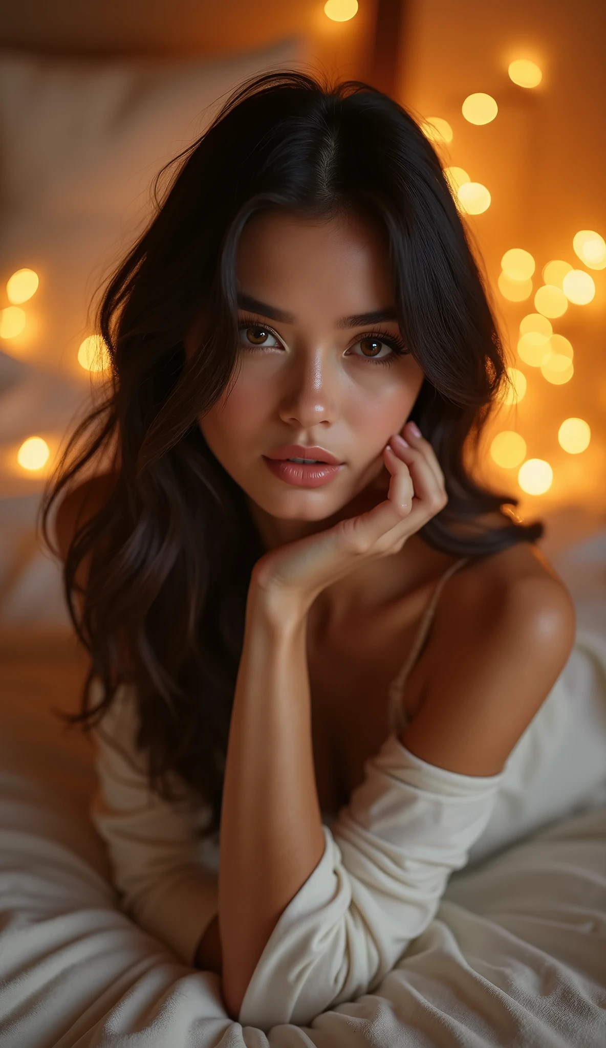 New Year's fashion photograph, a stunning brunette laying gracefully on the bed, the room is illuminated by the soft glow of Christmas lights creating a warm and cozy atmosphere, the stylish appearance exudes confidence and sophistication, creating a visually captivating fashion portrait, view from above, 