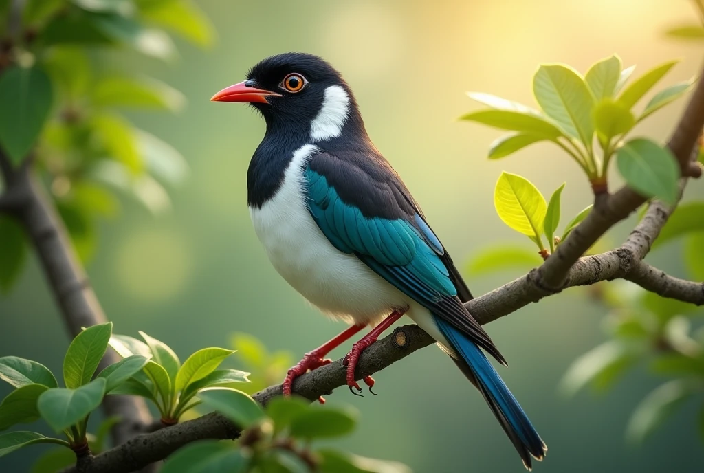 A mesmerizing close-up portrait of a gorgeous colorful Bali myna, flapping wings, on a leafy tree branch, illuminated by the soft, golden light of a tranquil morning, detailed background with vibrant bokeh balls gently framing its delicate form.