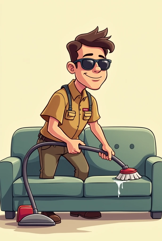 A CARTOON OF A MAN CLEANING TECHNICIAN WITH SUNGLASSES CLEANING THE COUCH SHOWING A TRUSTWORTHY PERSONALITY WITH NO BACKGROUND IN THE IMAGE