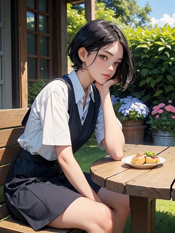 girl with short black hair and brown eyes, in a modern school uniform, sitting at a wooden table on the terrace of a country house. Sunny morning, there are flowering garden bushes and freshly cut grass all around. There is a bento with delicious food on the table.. he looks out into the distance, enjoying the morning light. Foreshortening - side view, emphasis on his thoughtful expression.