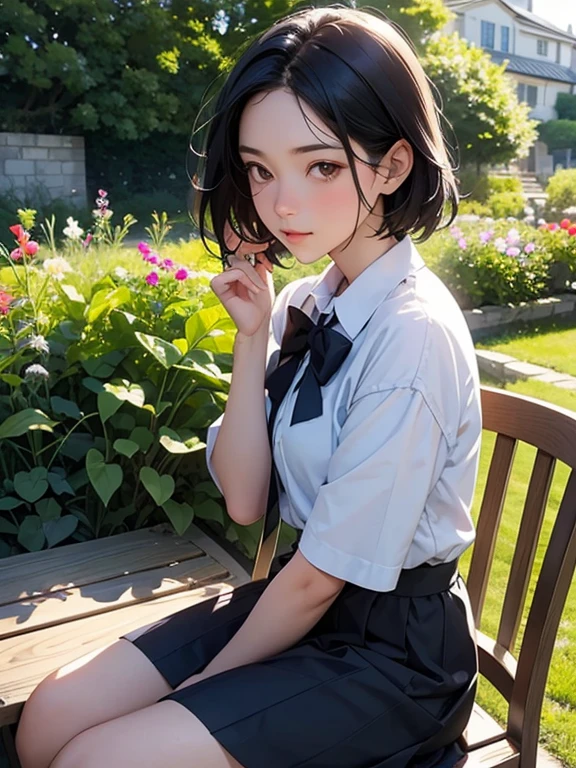 girl with short black hair and brown eyes, in a modern school uniform, sitting at a wooden table on the terrace of a country house. Sunny morning, there are flowering garden bushes and freshly cut grass all around. There is a bento with delicious food on the table.. he looks out into the distance, enjoying the morning light. Foreshortening - side view, emphasis on his thoughtful expression.