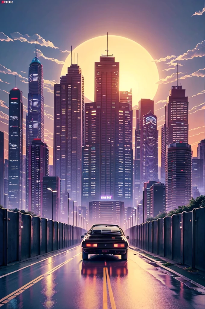 retrowave. city, 1969 Nissan S30, wide body kit, road, purple neon lights, sun, mountain,
(masterpiece,detailed,highres),