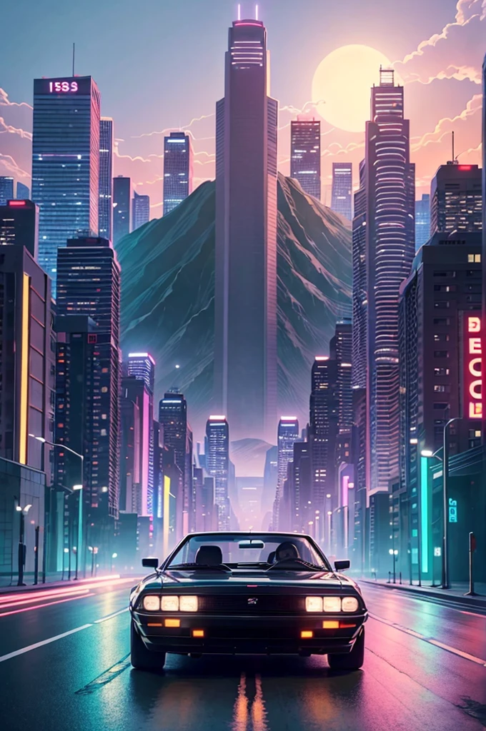 retrowave. city, 1969 Nissan S30, wide body kit, road, purple neon lights, sun, mountain,
(masterpiece,detailed,highres),