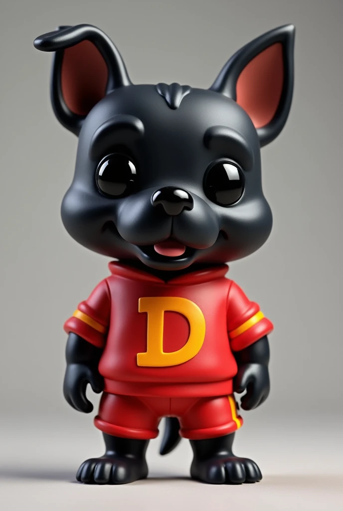 Create a funko pop doll of a black dog, Pelé, orange, red clothes with a D in the middle, red shorts and rest