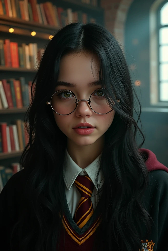 Billie elish long black hair,green eyes ,using round occlusal like harry with hogwarts uniform gryffindor house ,inside a magic library ,realisitic,ultra realistra ,ultra HD ,ultra 8k