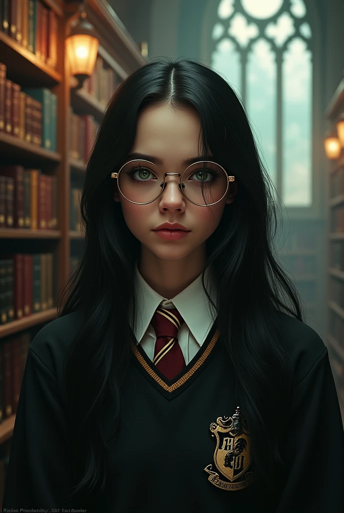 Billie elish long black hair,green eyes ,using round occlusal like harry with hogwarts uniform gryffindor house ,inside a magic library ,realisitic,ultra realistra ,ultra HD ,ultra 8k