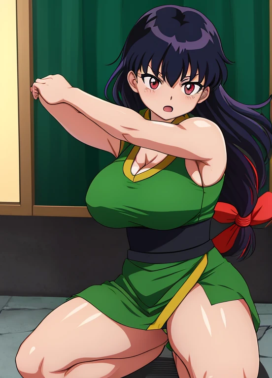 Imagine Kagome Higurashi as an Kunoichi fighter, 28yo, big breasts, athletic physique, wearing a green Kunoichi dress
