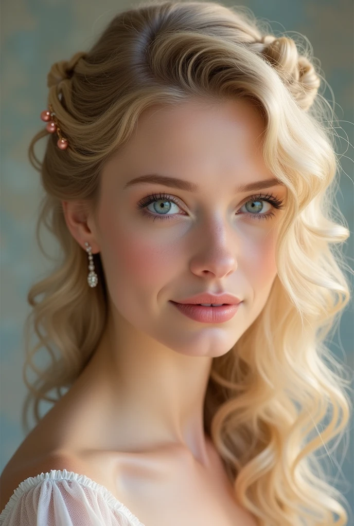 Generate me a beautiful caucasian woman with blonde tight spiral curls in a half up half down hairstyle 
