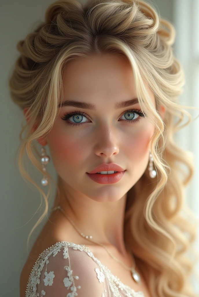 Generate me a beautiful caucasian woman with blonde tight spiral curls in a half up half down hairstyle