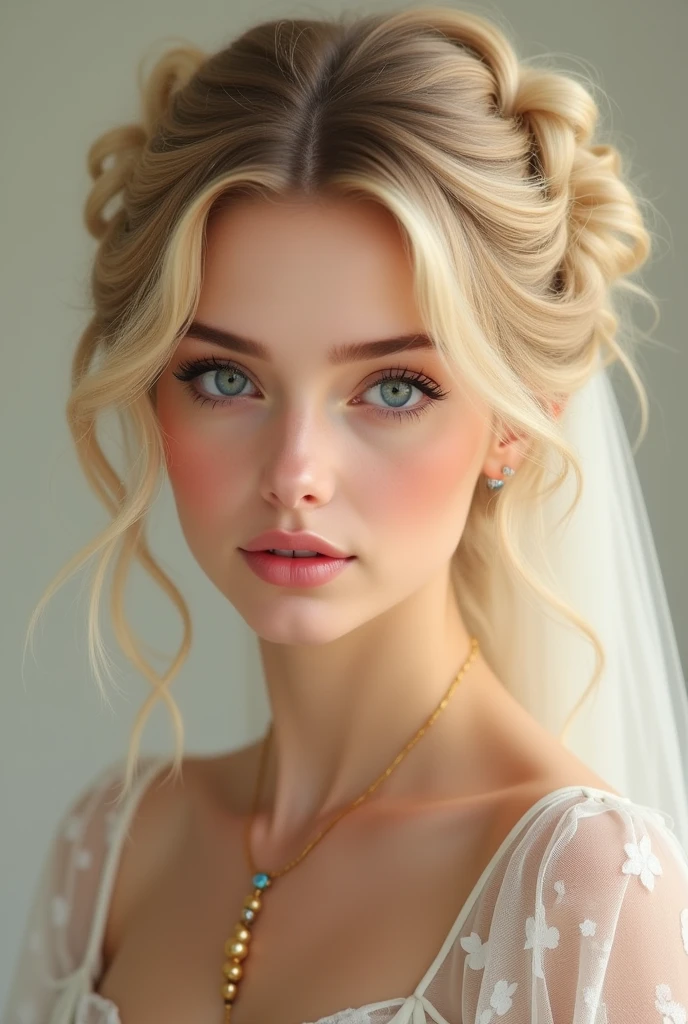 Generate me a beautiful caucasian woman with blonde tight spiral curls in a half up half down hairstyle 