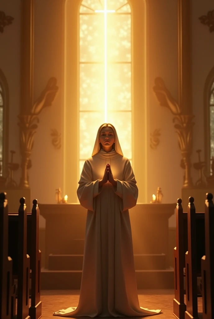 Chapter 1: The Divine Call Description: Pastor Fátima receives a spiritual calling to serve God and begins her journey in faith. imageio: Fatima in a moment of prayer, with divine light illuminating your face, and a background of a simple and welcoming church.