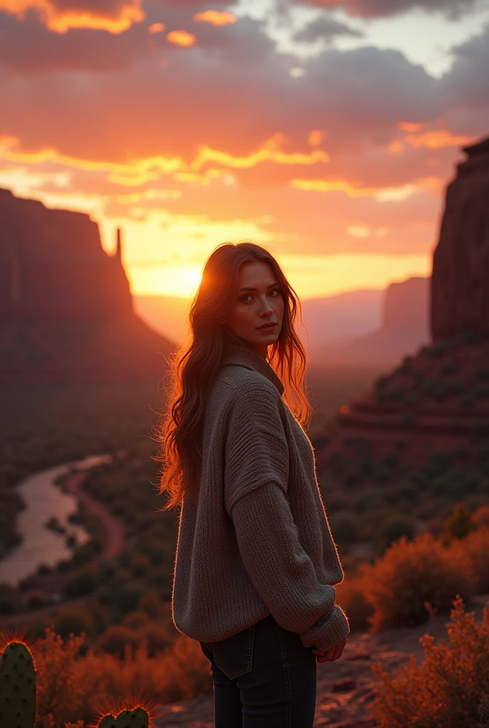 A sunset in Canyonlands National Park; Moab, crows, cactus in bloom, spectacular sky and sunset, cinematographic quality, very detailed landscape. intricate details, HdR, beautifully filmed, Hyper realistic, sharp focus, megapixels, perfect composition, high contrast, cinematographic, atmospheric, moody. Detailed matte paint, deep color, Fantastic, intricate detail, splash screen, complementary colors, Fantasy concept art, 8k resolution is trending in Artstation Unreal Engine 5, photorealistic, Best Quality, hyper detailed, with a beautiful woman, autophoto, Upper part of the body, Alone, wearing sweater, outdoor, mountains, real life nature, Sun rays, (happy, happy), cap, forest, rocks, river, wood, clear sky, analog style, looking at the viewer, skin texture, film grain, close up, ultra high resolution, best shadow, raw, InstagramLUT