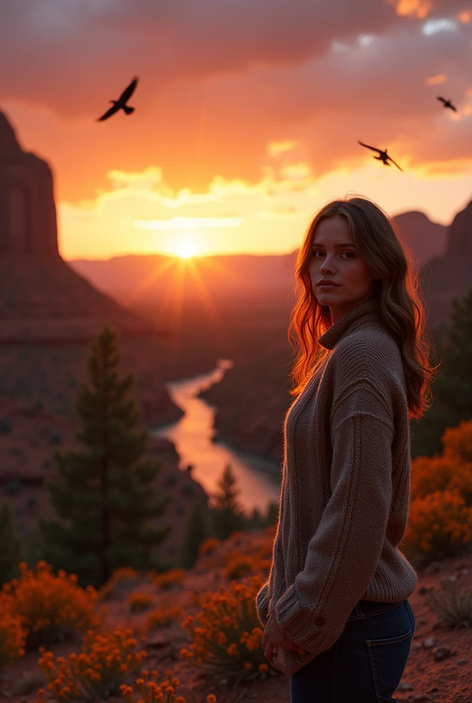 A sunset in Canyonlands National Park; Moab, crows, cactus in bloom, spectacular sky and sunset, cinematographic quality, very detailed landscape. intricate details, HdR, beautifully filmed, Hyper realistic, sharp focus, megapixels, perfect composition, high contrast, cinematographic, atmospheric, moody. Detailed matte paint, deep color, Fantastic, intricate detail, splash screen, complementary colors, Fantasy concept art, 8k resolution is trending in Artstation Unreal Engine 5, photorealistic, Best Quality, hyper detailed, with a beautiful woman, autophoto, Upper part of the body, Alone, wearing sweater, outdoor, mountains, real life nature, Sun rays, (happy, happy), cap, forest, rocks, river, wood, clear sky, analog style, looking at the viewer, skin texture, film grain, close up, ultra high resolution, best shadow, raw, InstagramLUT