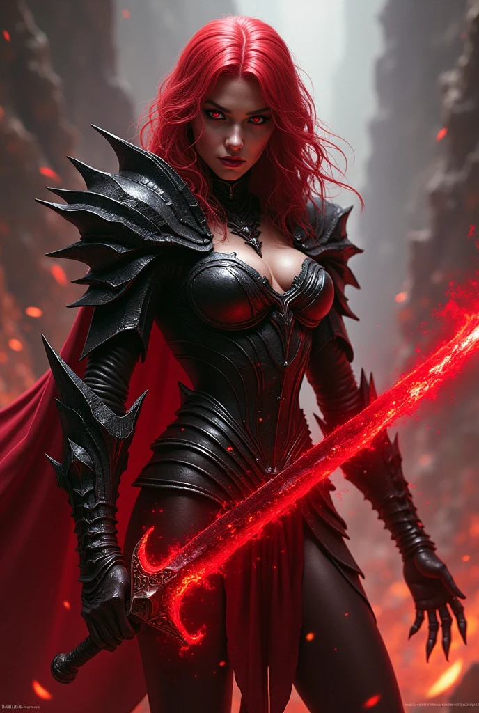 Woman with red hair, red eyes , scary black-red armor , blood magic, sword with red haze, red haze up her arm, facing me, Hellish scene, realistic, no cape, no horns