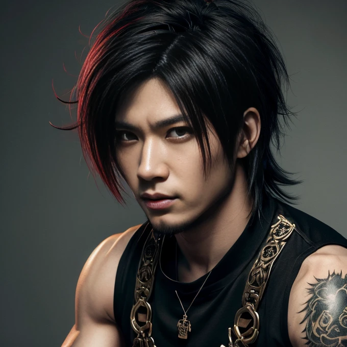 1 man, Japanese man, male, Asian eyes, muscular, broad shoulders, dragon,hairstyle Visual Kei style, hair Visual Kei, black men's shirt and black pants, ultra detailed face, hyperrealistic, realistic representation, 30 years old!,age 30 years! Blonde hair, long hair.