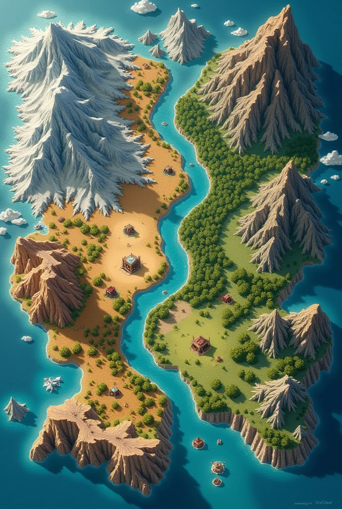 clearing, here is a summary of the map of the four regions:
### **Four Regions Map Summary**
1. **Frozen Lands (Valoryons)**
- **Location:** North of the map.
- **Characteristics:** Predominant ice and snow, glaciers and snow-capped mountains.
- **Settlements:** Fortificações em high peaks.
2. **desert lands (Draxianos)**
- **Location:** South of the map.
- **Characteristics:** sand dunes, Arid Desert, and scattered oases.
- **Settlements:** Nomadic strongholds and settlements located in oases and strategic areas.
3. **Forest Lands (Elorianos)**
- **Location:** Center of the map.
- **Characteristics:** dense forests, rivers and lakes, rugged terrain.
- **Settlements:** Villages and fortresses camouflaged in vegetation.
4. **Mountainous Lands (Aetherianos)**
- **Location:** East of the map.
- **Characteristics:** Steep mountains, deep vouchers, high peaks.
- **Settlements:** Fortifications and cities in strategic locations in the mountains.
Each region is distinguished by its natural environment and geographical features., which defines the structure and defense of their armies and settlements.