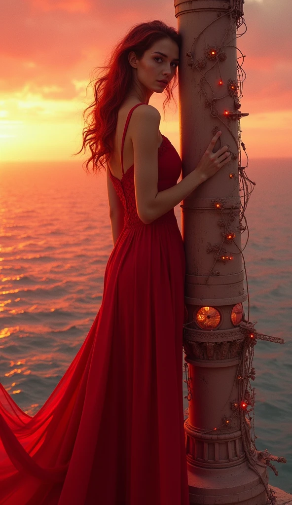 Detailed perfect face of woman. breathtaking woman in a red short thin strapped colored dress standing on top of a tall building, fantasy. long curly red hair, Detailed face. Alcohol ink sunset background. looking the ocean beautiful gown. gown hanging down the side of the tall building. highly detailed, and red tones, high fashion expensive, award-winning, professional, highly detailed, sharp focus, intricate details, highly detailed, by greg rutkowski, Mysterious, sharp focus, emitting diodes, smoke, artillery, sparks, racks, system unit, motherboard, by pascal blanche rutkowski repin artstation hyperrealism painting concept art of detailed character design matte painting, 4 k resolution blade runner