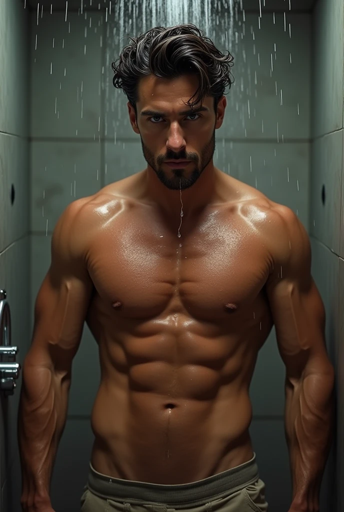 A hot man holding his erect penis, realistic, hairy, cute yet hot, horny, in only a semi transparent underwear, looks like Michele Morrone, very real, toned muscle, standing in shower partially wet and water dripping off his chin, black