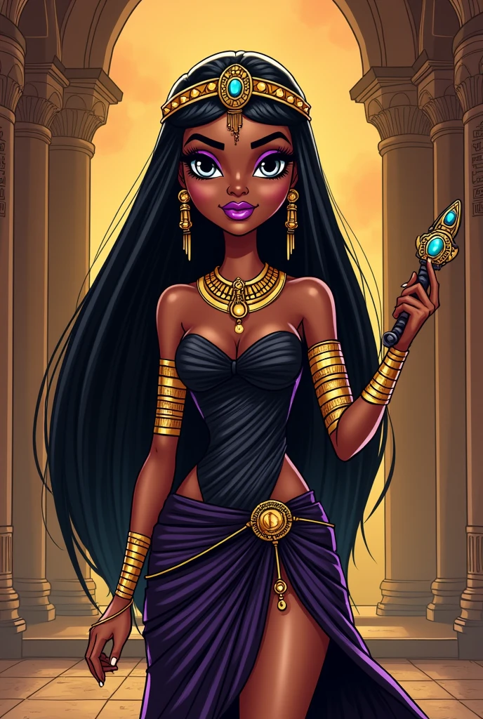 Create a redesign for Cleo De Nile [Monster High] using the gothic style with mummy egyptian accessories [Cartoon Style]