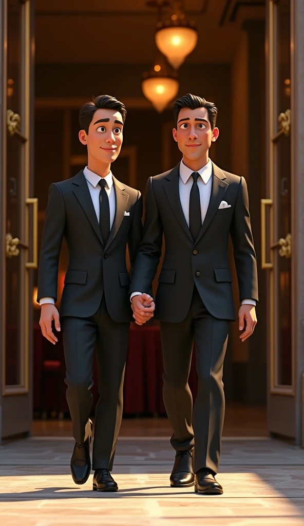 A handsome guy with black suit walking with his father out of a restaurant, pixar style, cinematic, masterpiece, high-aesthetic