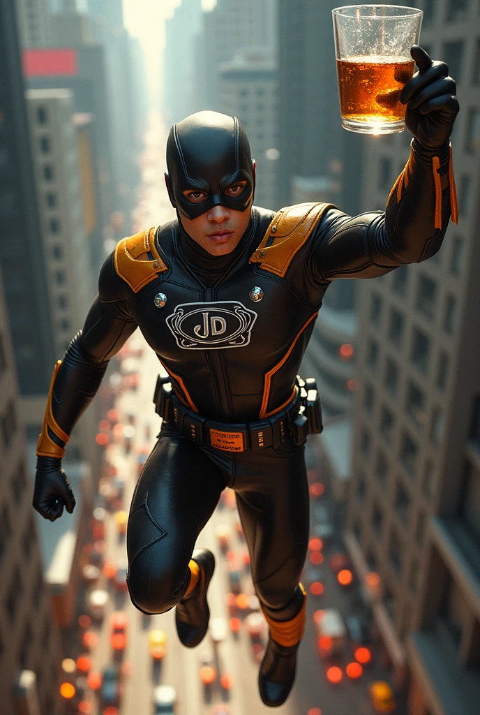 Superhero in Jack Daniels outfit, flying over the city with a glass of whiskey in hand