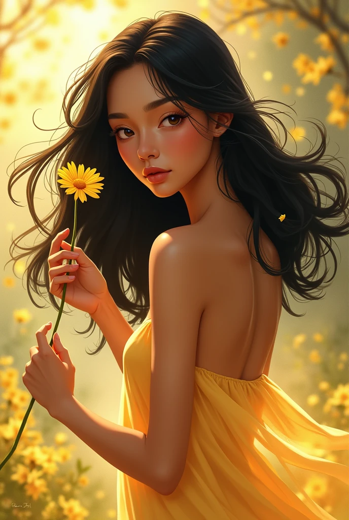 Animated woman with black hair,fair brown-skinned,with yellow flower in hand 