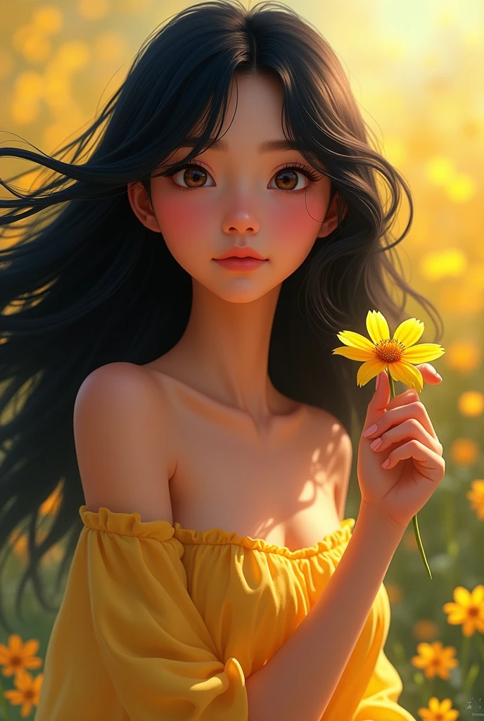 Animated woman with black hair,fair brown-skinned,with yellow flower in hand 