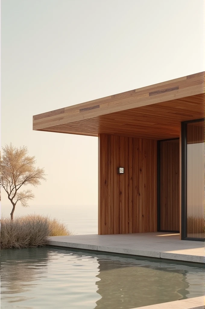 Create a visually striking Instagram post image featuring a modern roof design made of rich, natural wood. The wooden roof should be the central element of the image, showcasing its craftsmanship and texture. Incorporate the brand name 'Madetech's' into the scene, either as an elegant logo on the roof itself or as a subtle yet noticeable text overlay. The design should be clean, modern, and sophisticated, ideal for grabbing attention on social media.