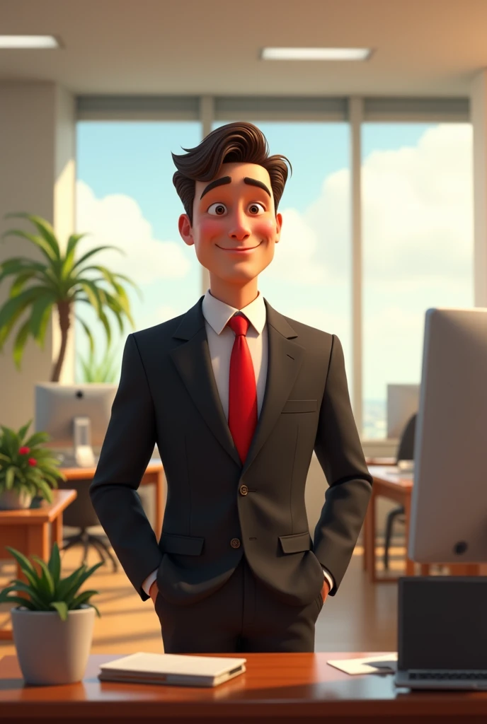 Disney's Pixar image of a man in a black suit, white shirt and red tie, working in the office.