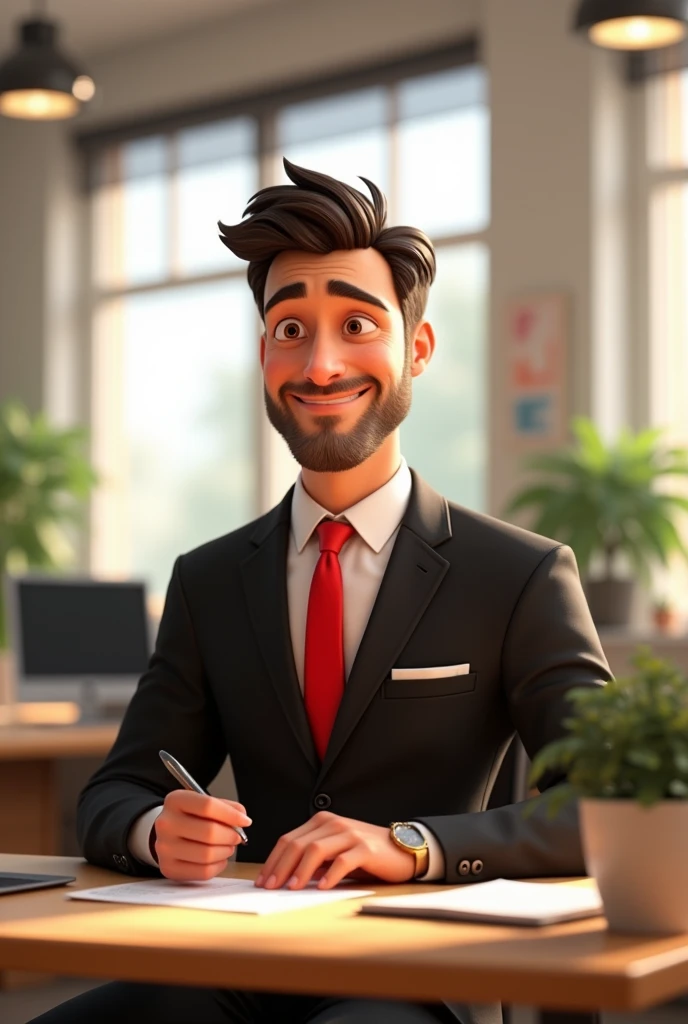 Disney's Pixar image of a man in a black suit, white shirt and red tie, working in the office.