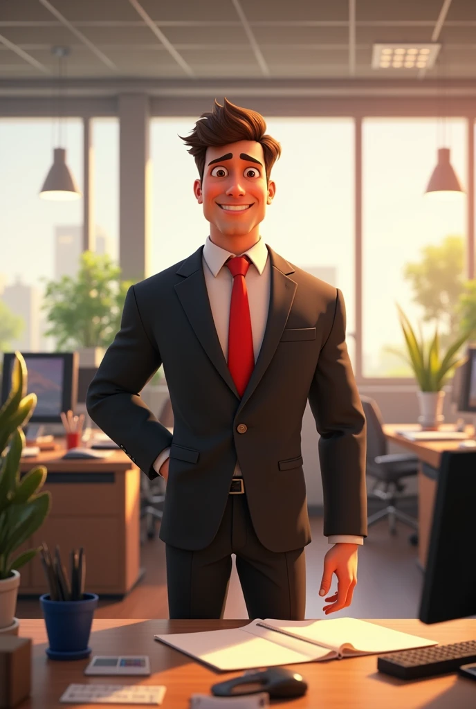 Disney's Pixar image of a man in a black suit, white shirt and red tie, working in the office.
