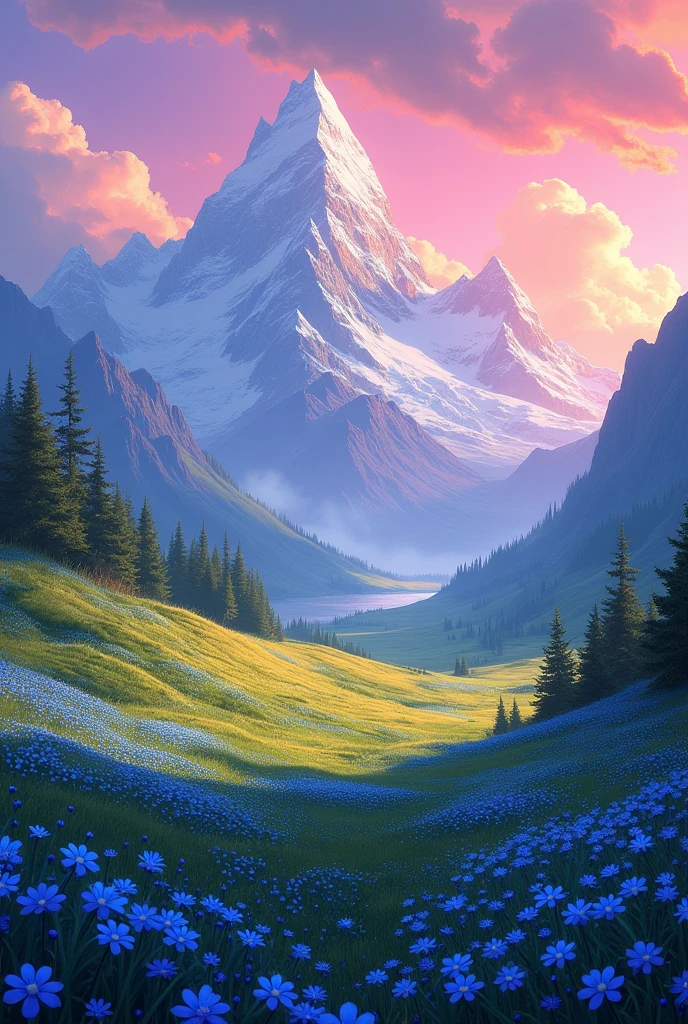 Landscape of a magical place, fields of low, dense vegetation covered with small wildflowers only in the color blue, that extend to the horizon. In the distance the relief lights up to enormous snowy peaks. League of legends illustration style, pink and orange color palette. Drone vision
