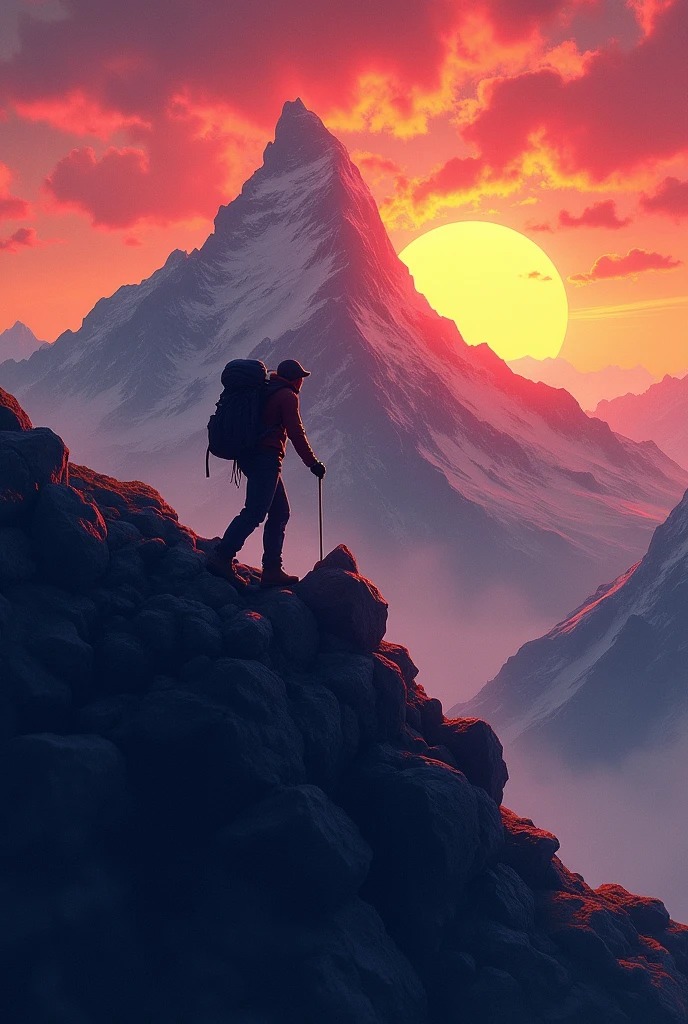 person climbing mountain in profile with sunset in background