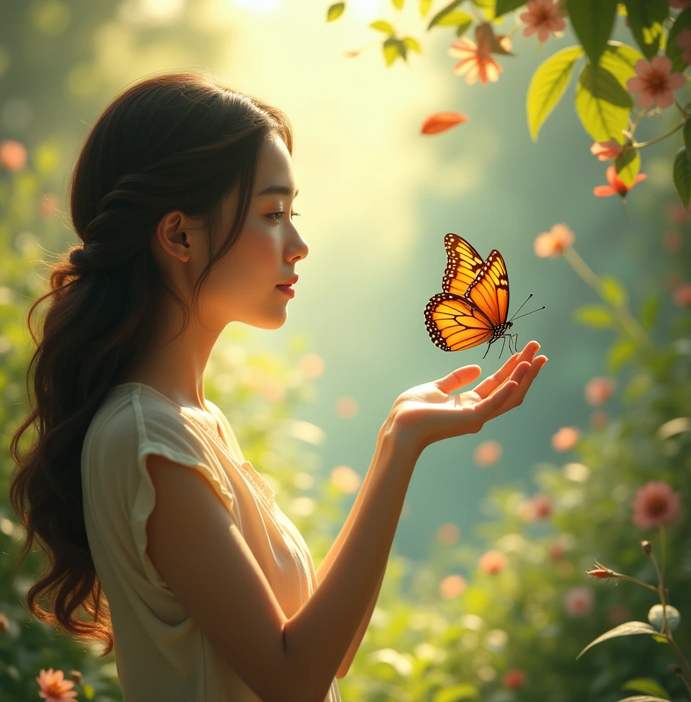 The Woman and Butterfly Prompt: "Illustrate a woman interacting with a butterfly in a serene natural setting. The butterfly should be the focal point, with vibrant colors against a warm, inviting background. The title should be in a flowing font, complementing the softness of the scene, while the woman’s expression or posture should convey a sense of connection or transformation.
