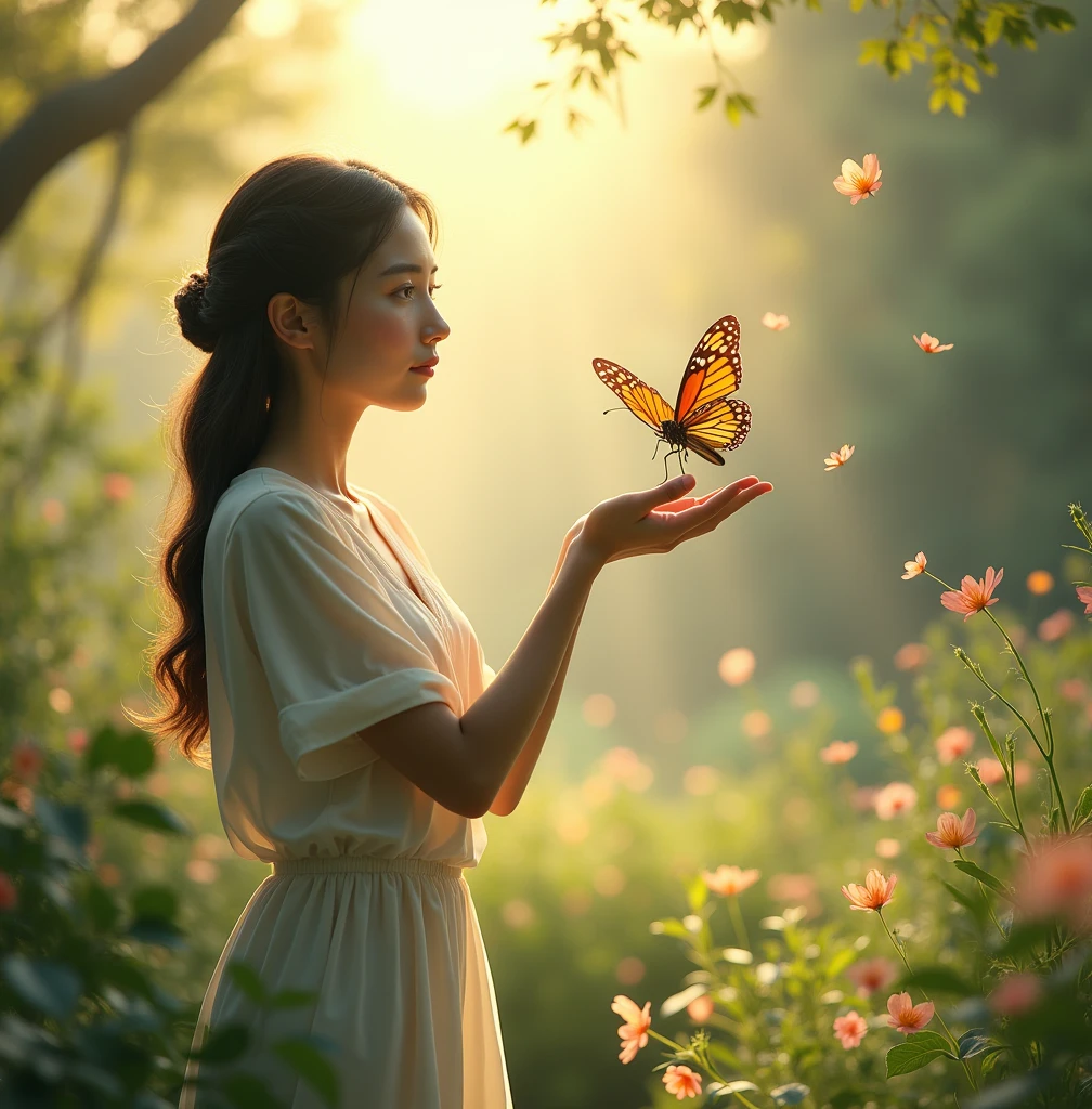 The Woman and Butterfly Prompt: "Illustrate a woman interacting with a butterfly in a serene natural setting. The butterfly should be the focal point, with vibrant colors against a warm, inviting background. The title should be in a flowing font, complementing the softness of the scene, while the woman’s expression or posture should convey a sense of connection or transformation.