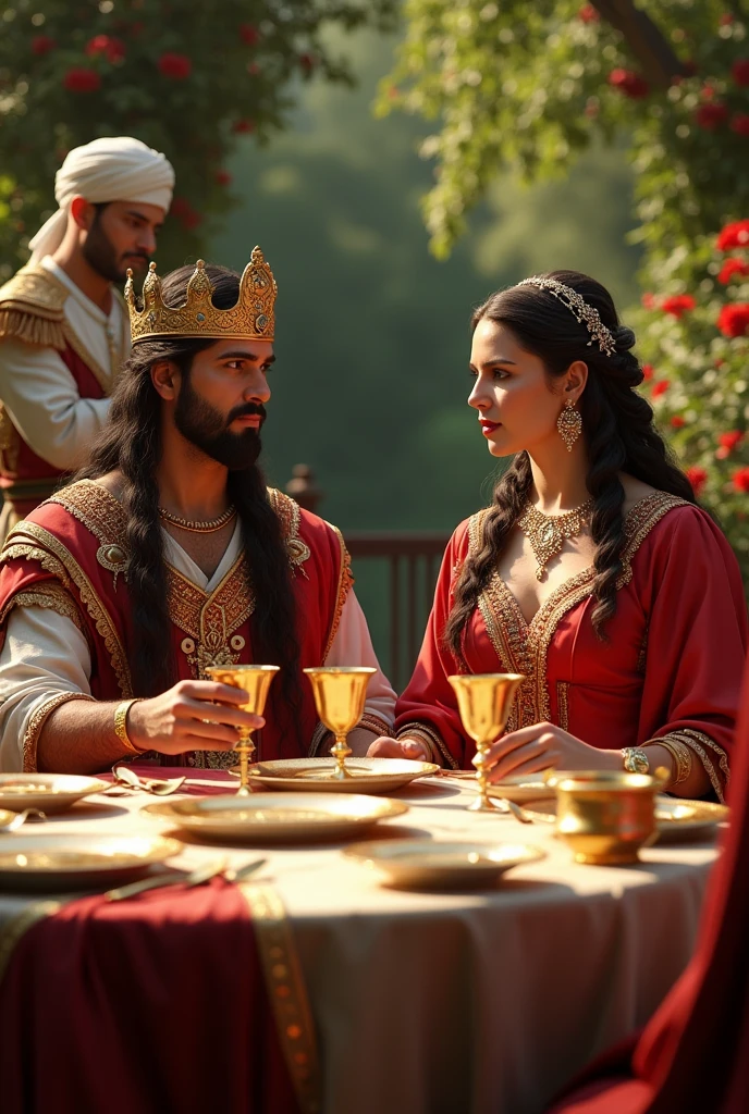 A king and a queen is an officer of the king of Persia sitting at the table with golden cups in his hands and add golden plates to the table the king with the typical crown of the king of Persia officer with white turban and the queen with elegant red dress is a crown add jewelry in the background make a garden