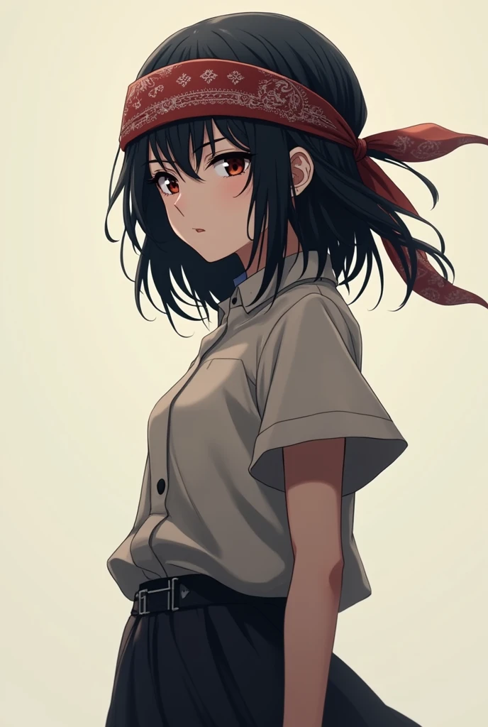 1 girl standing together black hair,, anime style, , 8k, super detail, high details, accurate, masterpiece, UHD, best quality, award winning, 4K looking at viewer emotionless expressionless mindless cowboy shot side view bandana on forehead looking at viewer

