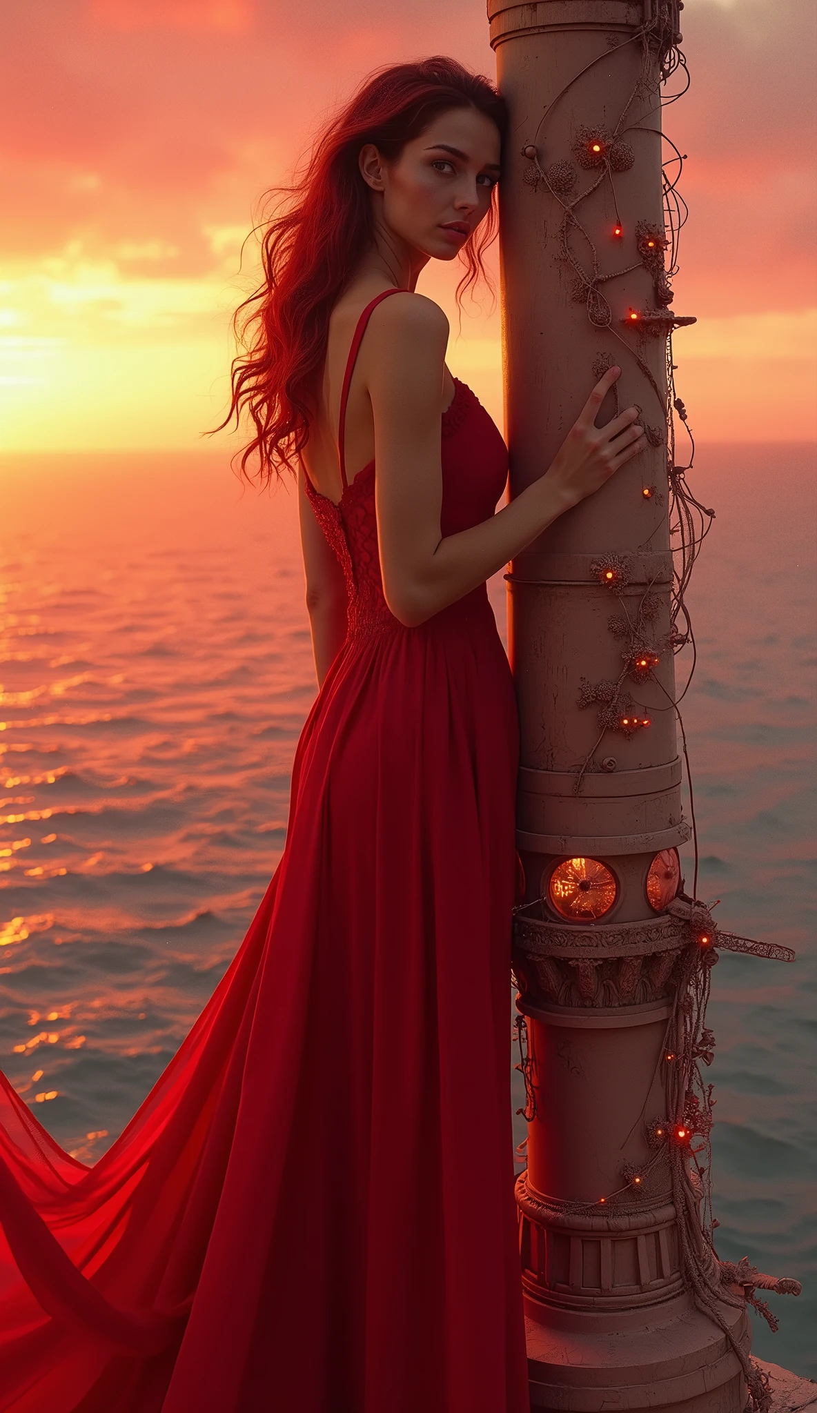 Detailed perfect face of woman. breathtaking woman in a red short thin strapped colored dress standing on top of a tall building, fantasy. long curly red hair, Detailed face. Alcohol ink sunset background. looking the ocean beautiful gown. gown hanging down the side of the tall building. highly detailed, and red tones, high fashion expensive, award-winning, professional, highly detailed, sharp focus, intricate details, highly detailed, by greg rutkowski, Mysterious, sharp focus, emitting diodes, smoke, artillery, sparks, racks, system unit, motherboard, by pascal blanche rutkowski repin artstation hyperrealism painting concept art of detailed character design matte painting, 4 k resolution blade runner