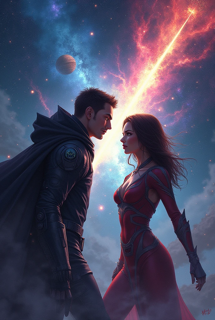 Images for a graphic novel about space with two arch-enemy characters named Kai and Sara