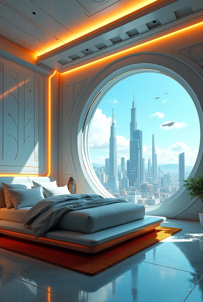 A Gorgeous Sci-Fi Bedroom Matte Painting by John Harris, sparth 和 greg rutkowski. Sharp Edges, Tiffany Blue, Gray-orange, White and Gold. Sci-fi bedroom in the space base, Outside the window is the city skyline of the future, Lighting Effects. Ultra-clear、exquisite, 3 d, Octane Rendering. Eight thousand