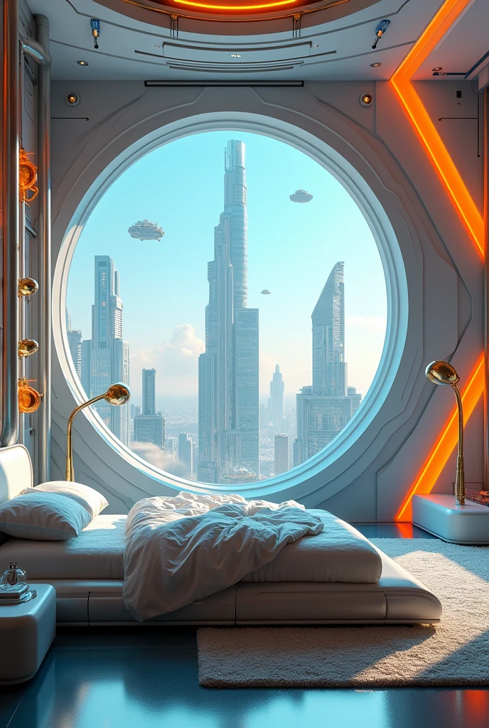 A Gorgeous Sci-Fi Bedroom Matte Painting by John Harris, sparth 和 greg rutkowski. Sharp Edges, Tiffany Blue, Gray-orange, White and Gold. Sci-fi bedroom in the space base, Outside the window is the city skyline of the future, Lighting Effects. Ultra-clear、exquisite, 3 d, Octane Rendering. Eight thousand