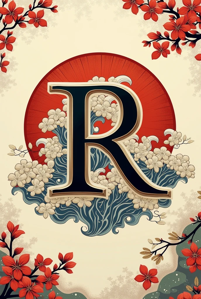 Fancy letter R logo with Japanese style background 