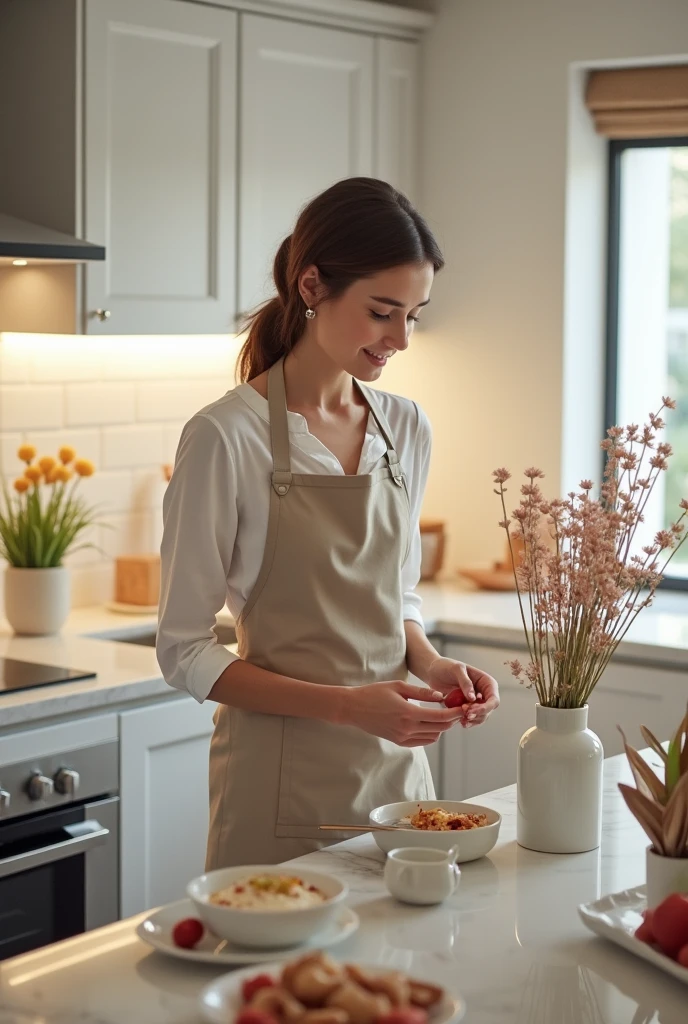 Imagine a woman with refined style and good taste, in a different scenario, like a modern, well-lit kitchen. She is in the middle of a decorating or organizing activity, perhaps setting an elegant arrangement of kitchen utensils or preparing a table for a special meal.

She wears a sophisticated apron over a casual-chic outfit., showing that you value aesthetics even in everyday details. The kitchen design is clean, with glossy finish cabinets and a marble countertop. There are touches of color and style, such as vases with fresh flowers and carefully chosen and well-arranged kitchen utensils.

She is involved in organizing the items so that everything has its place., and there is a feeling of harmony and functionality in the environment. The woman demonstrates special attention to detail and balance, reflecting your talent for creating beautiful and practical space in every area of the home.