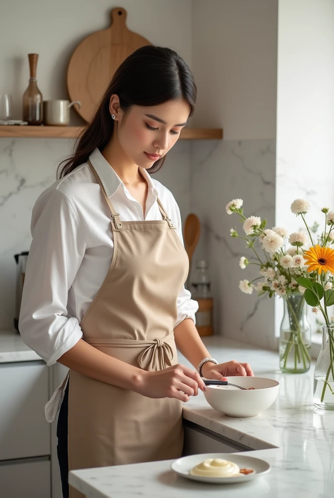 Imagine a woman with refined style and good taste, in a different scenario, like a modern, well-lit kitchen. She is in the middle of a decorating or organizing activity, perhaps setting an elegant arrangement of kitchen utensils or preparing a table for a special meal.

She wears a sophisticated apron over a casual-chic outfit., showing that you value aesthetics even in everyday details. The kitchen design is clean, with glossy finish cabinets and a marble countertop. There are touches of color and style, such as vases with fresh flowers and carefully chosen and well-arranged kitchen utensils.

She is involved in organizing the items so that everything has its place., and there is a feeling of harmony and functionality in the environment. The woman demonstrates special attention to detail and balance, reflecting your talent for creating beautiful and practical space in every area of the home.