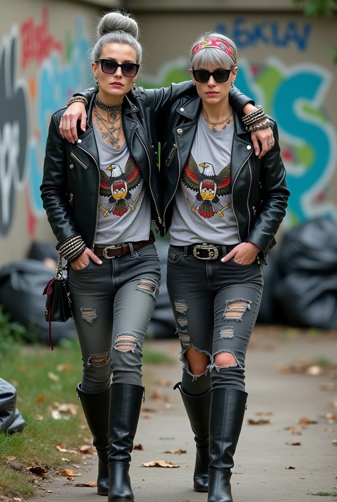 Two russian milf women,  one with the arm over the shoulder of the other. grey hair (one: bouffant, top bun. The other, straight and middle part}and one wearing oversized square sunglasses and wide  colourful bandana as headband), with very light green eyes, extremely pale. Big lips. No tan. Wearing aged black moto jacket (zippers on the side, skull and bones pins).  Both: same old light grey t-shirt with spread wings eagle holding a oak leaves garlandlogo. Both,, dark skinny low rise grey jeans with holes on knees ( patched with colourful fabric). Both:,  dark grey worn jeans {with holes on knees) tucked in black leather knee high boots. . Lots of thick wide studded bracelets, chain collars and big rings. Both, high boots. Tacky wide studded leather belt with big skull and bones oval buckle. Long earrings with chains and feathers. Walking with hands in pockets, stretching her neck, craving., Neck, chest, stomach and wrists heavily tattoed. Toned abdominals, thin neck, slim legs and thin arms. Narrow hips and slim legs.  Black leather studded tote bags. Graffitied wall behind, waste on the groun and piled garbage bags around.