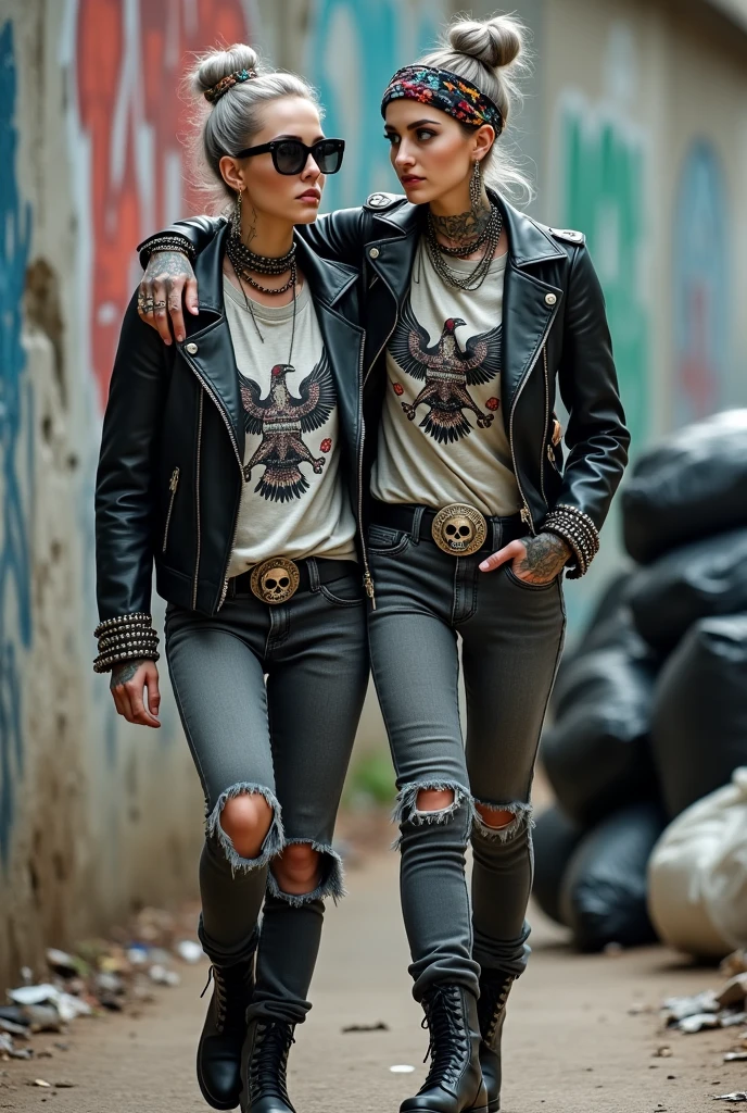 Two russian milf women, one with the arm over the shoulder of the other. grey hair (one: bouffant, top bun. The other, straight and middle part}and one wearing oversized square sunglasses and wide colourful bandana as headband), with very light green eyes, extremely pale. Big lips. No tan. Wearing aged black moto jacket (zippers on the side, skull and bones pins). Both: same old light grey t-shirt with spread wings eagle holding a oak leaves garlandlogo. Both,, dark skinny low rise grey jeans with holes on knees ( patched with colourful fabric). Both:, dark grey worn jeans {with holes on knees) tucked in black leather knee high boots. . Lots of thick wide studded bracelets, chain collars and big rings. Both, high boots. Tacky wide studded leather belt with big skull and bones oval buckle. Long earrings with chains and feathers. Walking with hands in pockets, stretching her neck, craving., Neck, chest, stomach and wrists heavily tattoed. Toned abdominals, thin neck, slim legs and thin arms. Narrow hips and slim legs. Black leather studded tote bags. Graffitied wall behind, waste on the groun and piled garbage bags around.