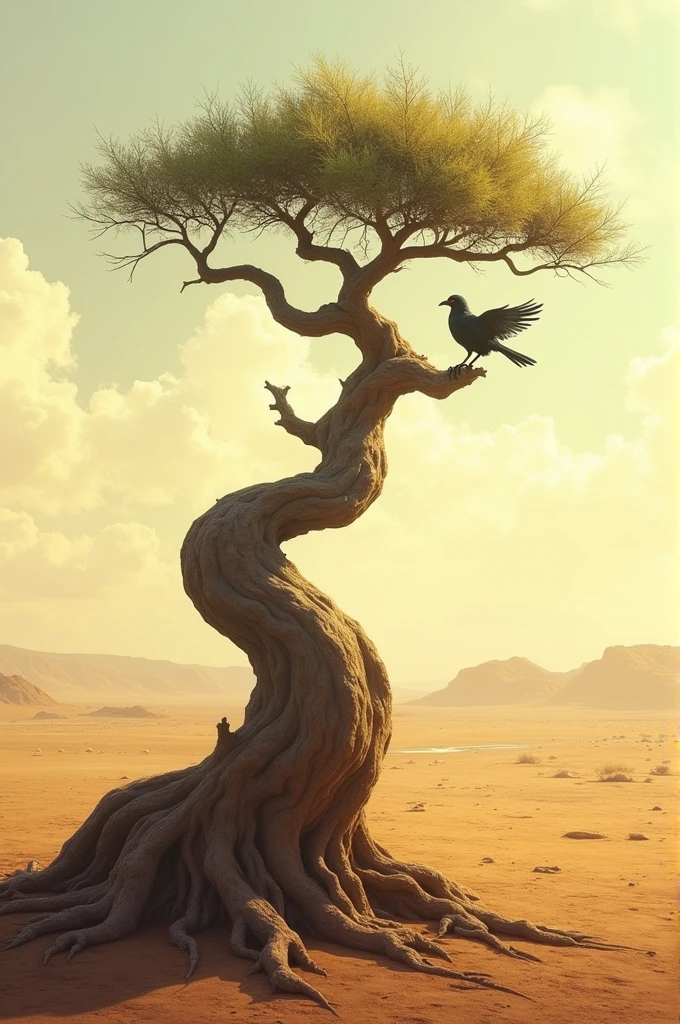 A sunny day in the backlands with a dry landscape and a madacaru tree with a bird suffering on top 
